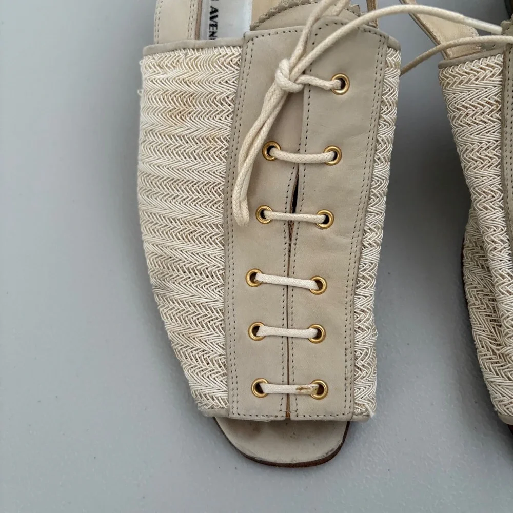 Saks Fifth Avenue Slingback Heels Lace Up Peep Toe Leather Woven Beige -Size 8.5